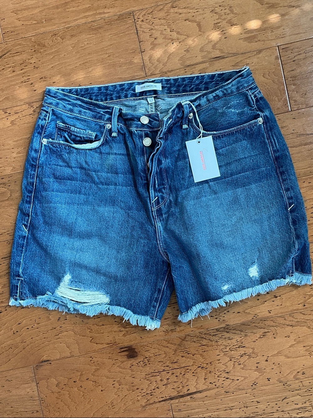 Good American Distressed High-Rise Denim Shorts - Blue